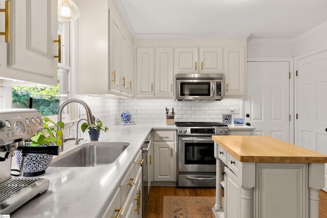 kitchen with crown molding, wooden counters, stainless steel appliances, tasteful backsplash, and dark wood-type flooring