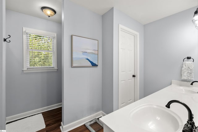 full bath featuring double vanity, a sink, baseboards, and wood finished floors