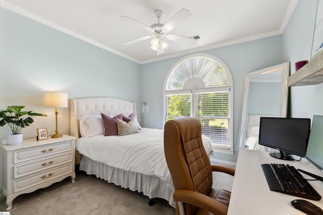 bedroom with crown molding, carpet floors, ceiling fan, and visible vents