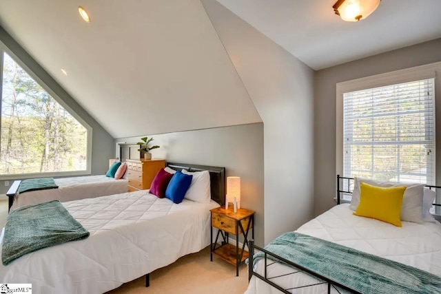 bedroom with carpet floors and vaulted ceiling