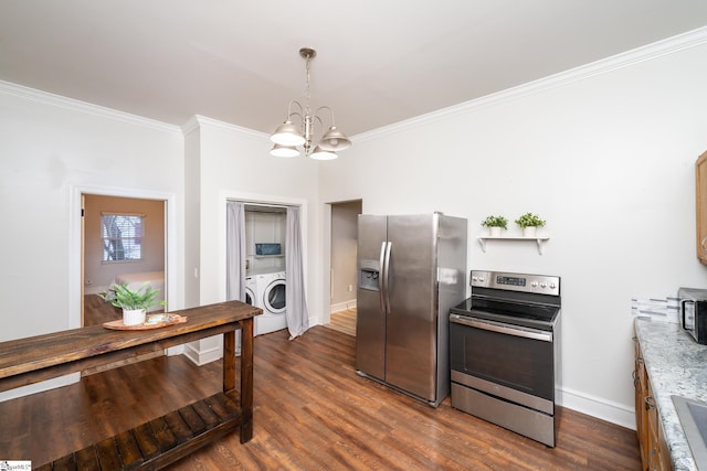 kitchen featuring washer / clothes dryer, stainless steel appliances, crown molding, and a chandelier