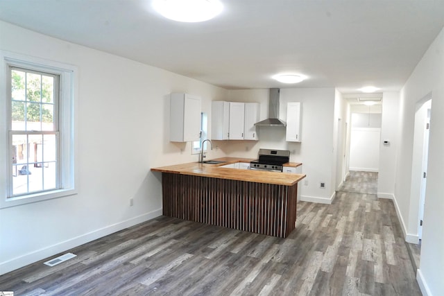 kitchen with stainless steel electric range, a sink, wall chimney exhaust hood, wood finished floors, and butcher block counters