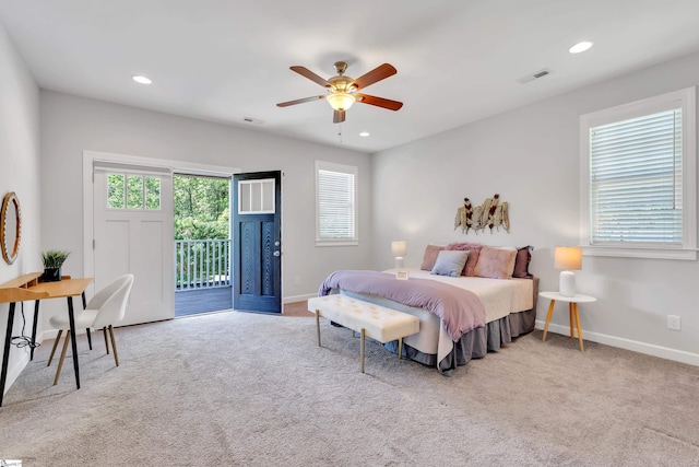 carpeted bedroom featuring baseboards, visible vents, recessed lighting, and access to exterior