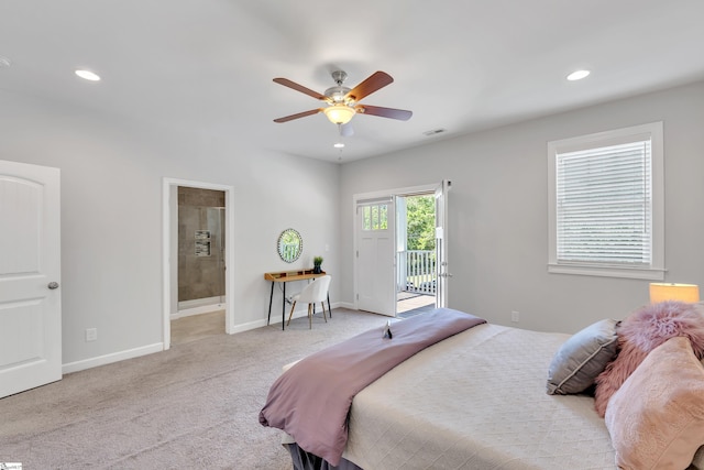 bedroom featuring light colored carpet, access to exterior, recessed lighting, baseboards, and visible vents