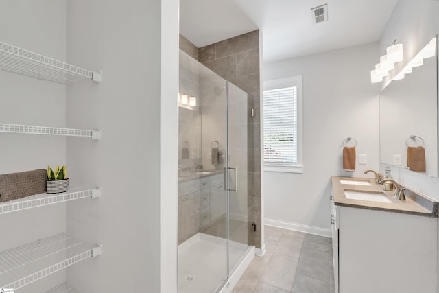 full bathroom with tile patterned flooring, vanity, baseboards, a shower stall, and visible vents