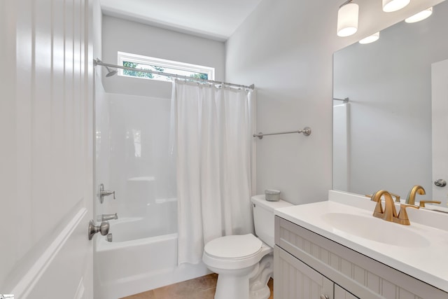 bathroom featuring vanity, tile patterned flooring, toilet, and shower / bathtub combination with curtain