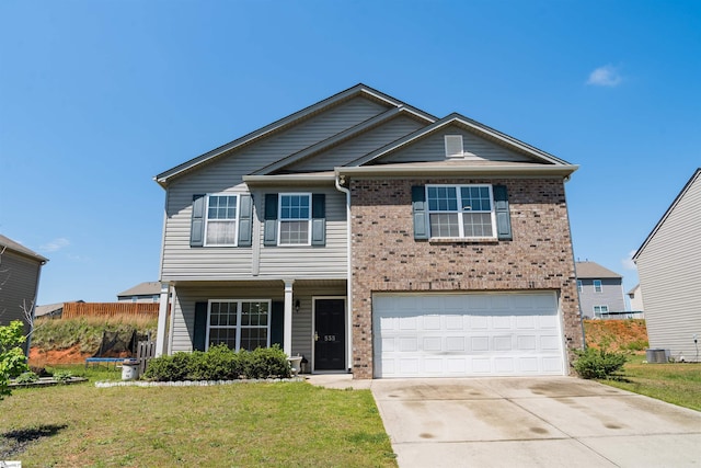 view of front facade featuring a garage, a front yard, brick siding, central AC unit, and concrete driveway