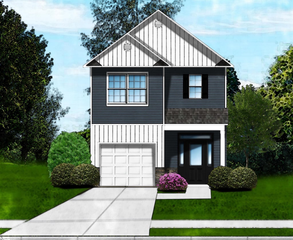 view of front of house with an attached garage, board and batten siding, a front yard, and concrete driveway