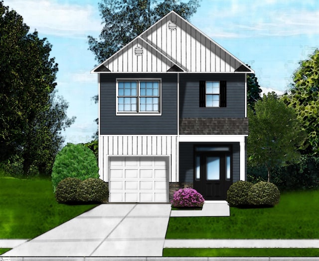 view of front of house with an attached garage, board and batten siding, a front yard, and concrete driveway