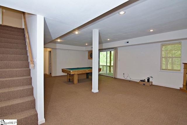 rec room featuring billiards, carpet flooring, recessed lighting, and visible vents