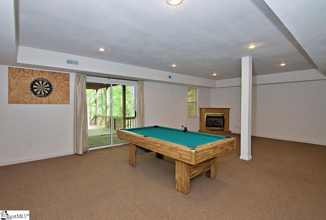 playroom featuring visible vents, a fireplace, baseboards, billiards, and carpet