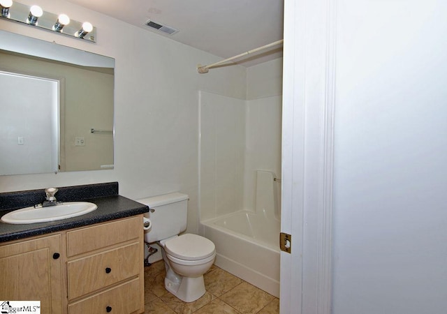 full bathroom featuring visible vents, tile patterned floors, vanity, toilet, and bathing tub / shower combination