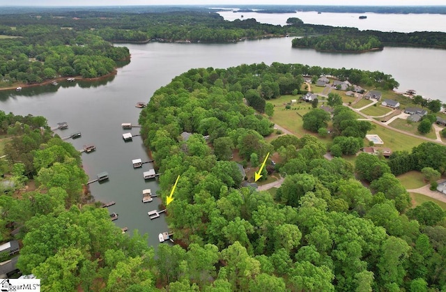 aerial view featuring a water view and a forest view