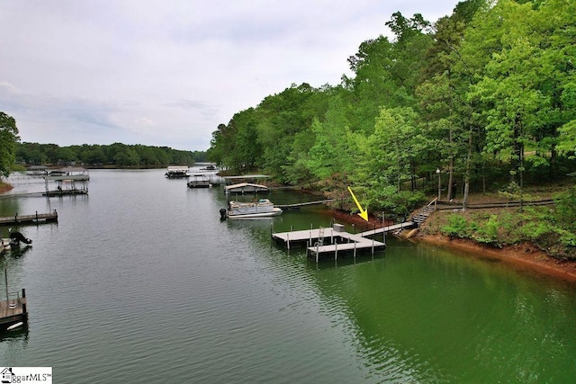 dock area with a water view and a forest view