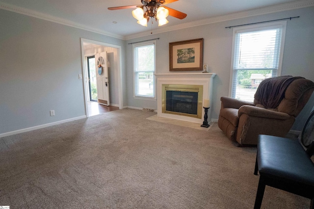 carpeted living room with crown molding, baseboards, a ceiling fan, and a fireplace with flush hearth