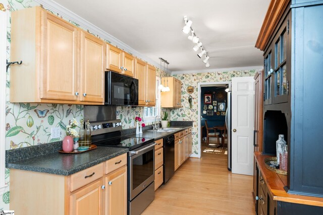 2 Finley Ct, Mauldin, SC 29662 - kitchen with light brown cabinetry, dark countertops, a sink, black appliances, and wallpapered walls