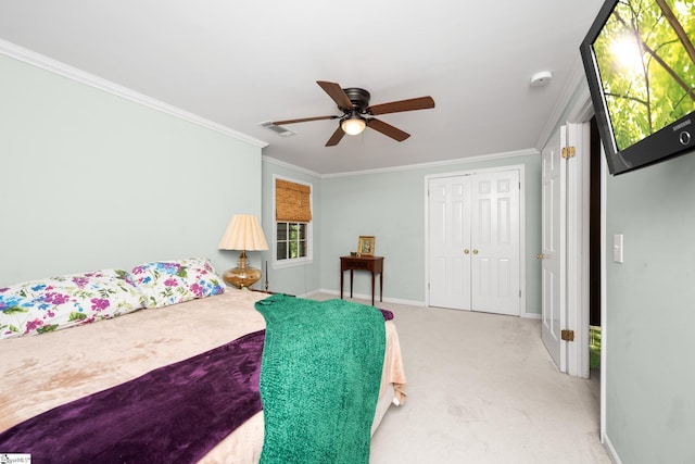2 Finley Ct, Mauldin, SC 29662 - bedroom with visible vents, crown molding, light carpet, baseboards, and ceiling fan