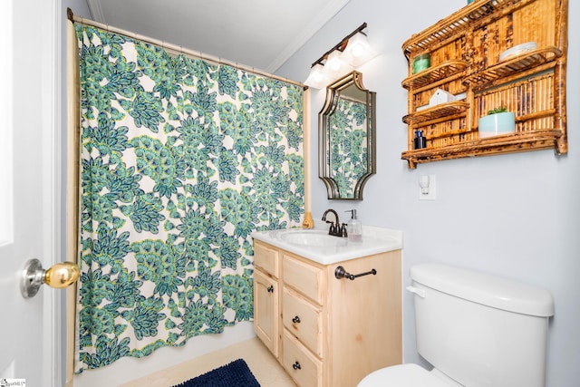 2 Finley Ct, Mauldin, SC 29662 - bathroom featuring crown molding, vanity, toilet, and a shower with shower curtain