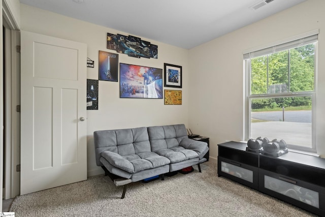 living area featuring carpet floors, baseboards, and visible vents