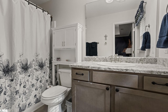 full bathroom with vanity, toilet, wood finished floors, and a shower with shower curtain