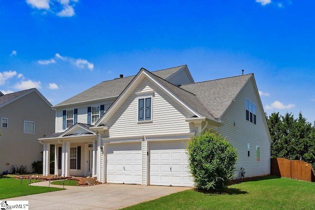 traditional-style home featuring an attached garage, a front lawn, fence, and driveway