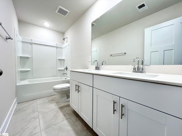 full bath with double vanity, toilet, visible vents, and a sink