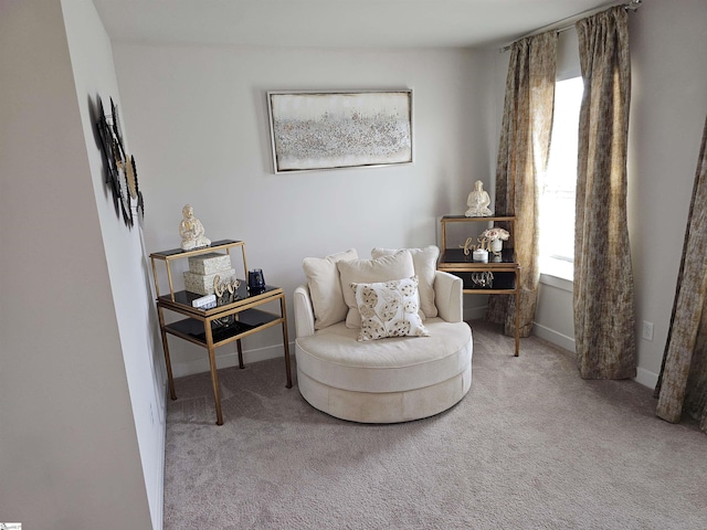 sitting room with baseboards and carpet