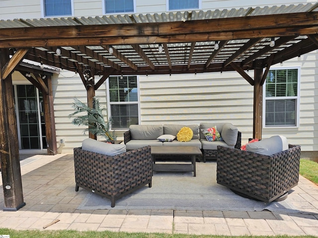 view of patio / terrace featuring a pergola and outdoor lounge area