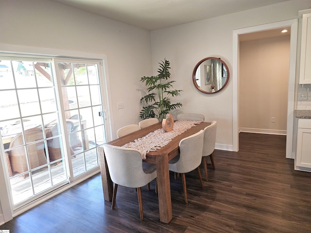 dining area featuring baseboards and dark wood-type flooring