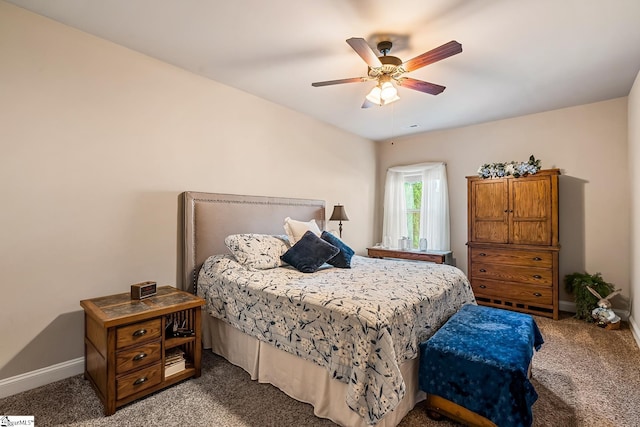 bedroom with baseboards, carpet flooring, and ceiling fan