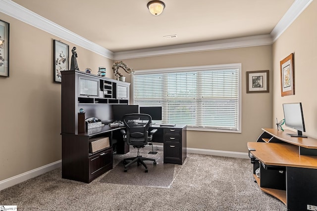 office area featuring baseboards, ornamental molding, carpet flooring, and visible vents