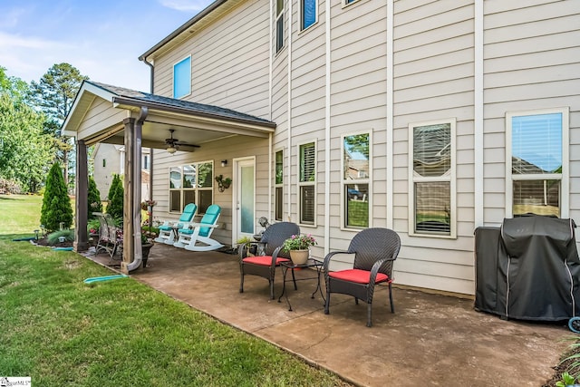 view of patio with a ceiling fan and area for grilling