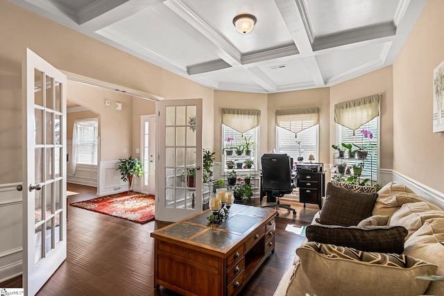 living area with coffered ceiling, french doors, and a wealth of natural light
