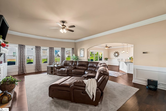 living room featuring ornamental molding, ceiling fan, a wainscoted wall, arched walkways, and dark wood finished floors