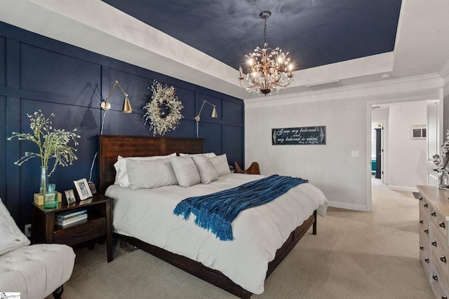 bedroom featuring crown molding, a notable chandelier, light carpet, baseboards, and visible vents