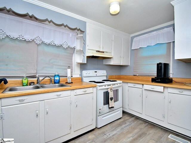 215 Louisiana St, Honea Path, SC 29654 - kitchen with visible vents, white electric range, a sink, under cabinet range hood, and white cabinetry