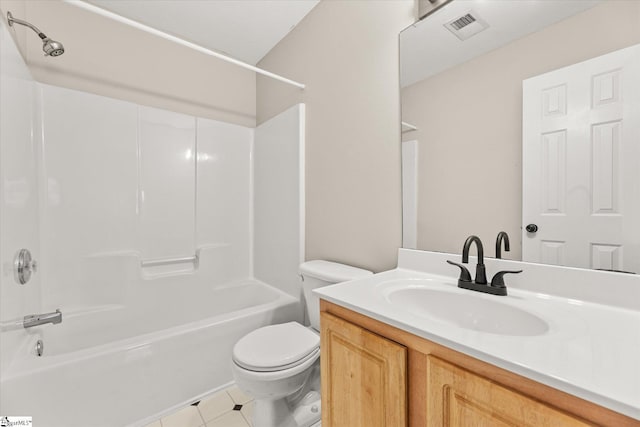 full bath with tile patterned flooring, vanity, toilet,  shower combination, and visible vents