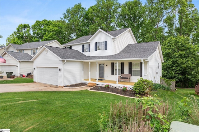 traditional-style home featuring a shingled roof, an attached garage, a front lawn, a porch, and concrete driveway