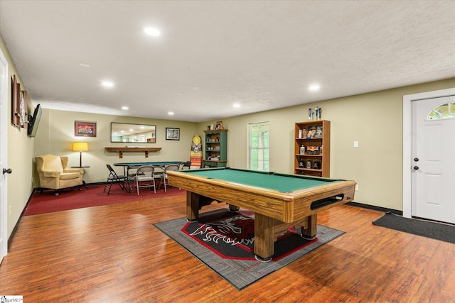 recreation room featuring billiards, baseboards, recessed lighting, and wood finished floors