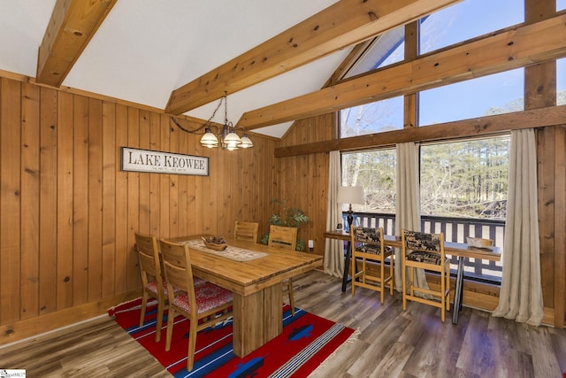 1000-2 Captains Cove Ct, Salem, SC 29676 - dining space with an inviting chandelier, wood walls, beam ceiling, and a wealth of natural light