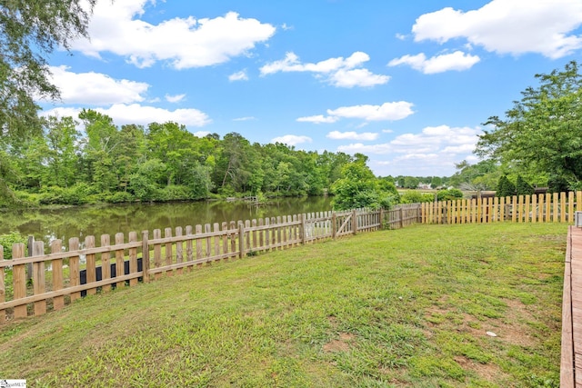 view of yard featuring a water view and a fenced backyard