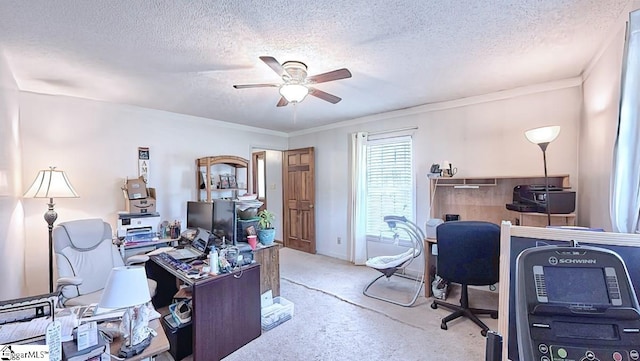 office area featuring carpet flooring, a textured ceiling, a ceiling fan, and ornamental molding