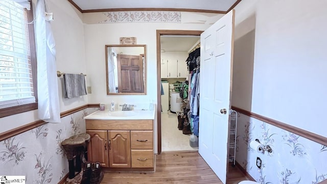 bathroom featuring vanity, crown molding, and wood finished floors