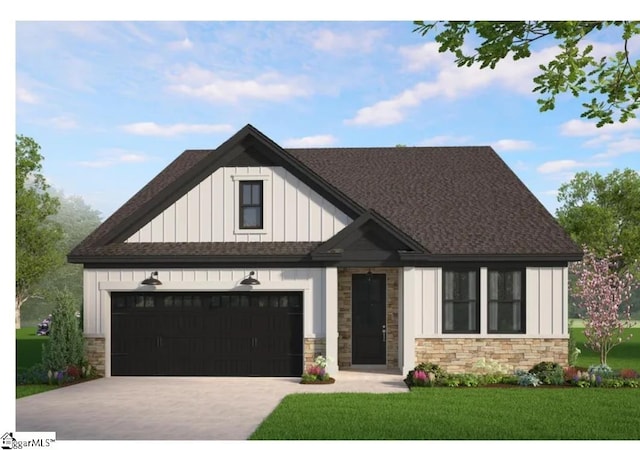 view of front of house featuring board and batten siding, driveway, stone siding, and a front lawn