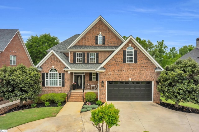 traditional-style home featuring brick siding, an attached garage, driveway, and roof with shingles