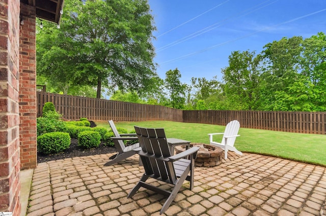 view of patio featuring a fenced backyard and a fire pit