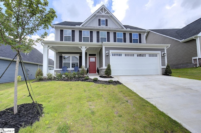 38 Comanche Trl, Greenville, SC 29607 - craftsman inspired home with a garage, a front lawn, covered porch, board and batten siding, and concrete driveway