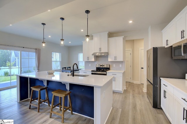 38 Comanche Trl, Greenville, SC 29607 - kitchen with appliances with stainless steel finishes, a sink, a kitchen island with sink, light wood-type flooring, and under cabinet range hood