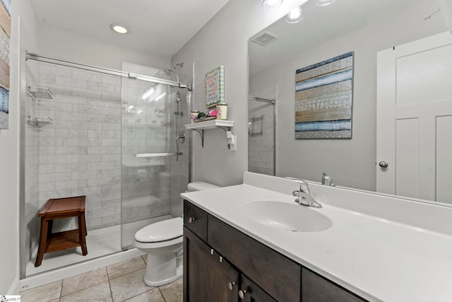 full bathroom with tile patterned flooring, vanity, toilet, visible vents, and a stall shower