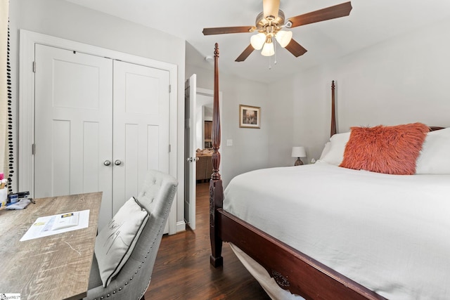 bedroom featuring a closet, ceiling fan, and wood finished floors